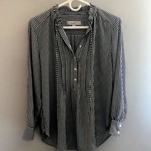 Loft black and white striped blouse with tie neck Medium Petite